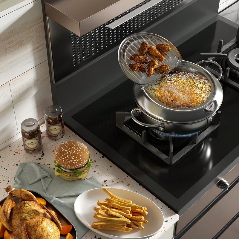 Deep Fryer Pot Stainless Steel Built-In Thermometer & Fry Basket