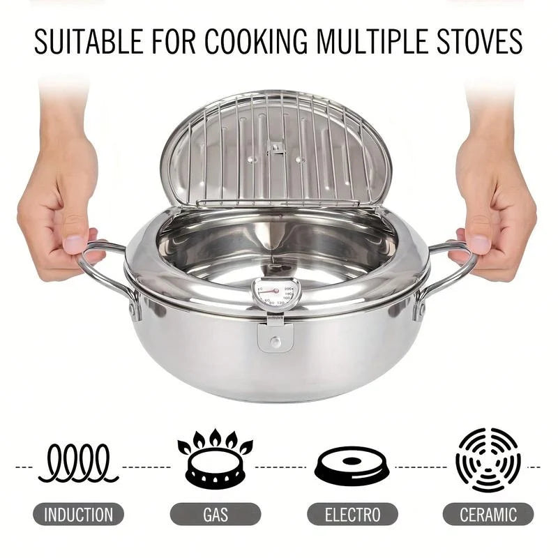 Deep Fryer Pot Stainless Steel Built-In Thermometer & Fry Basket