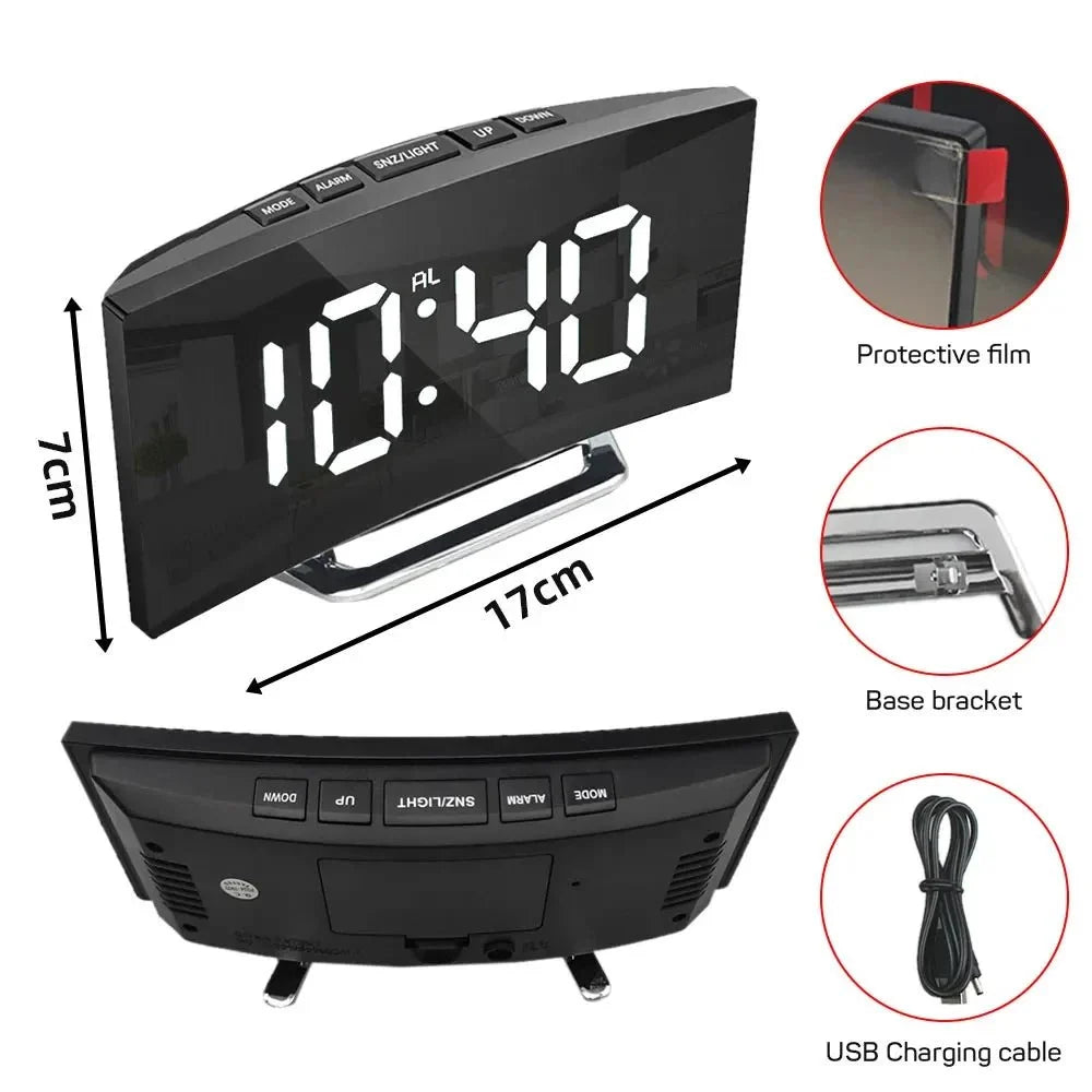 Digital Alarm Clock Large LED Display Silent Operation Mirror Finish