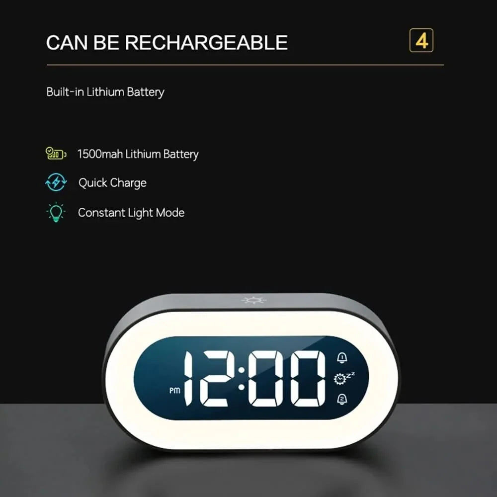 Digital Alarm Clock Rechargeable Dimmable Warm Night Light 15-Day Battery Life