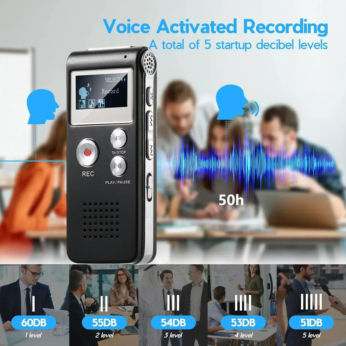 Digital Voice Recorder Voice-Activated Built-In Speaker & Headphone Playback