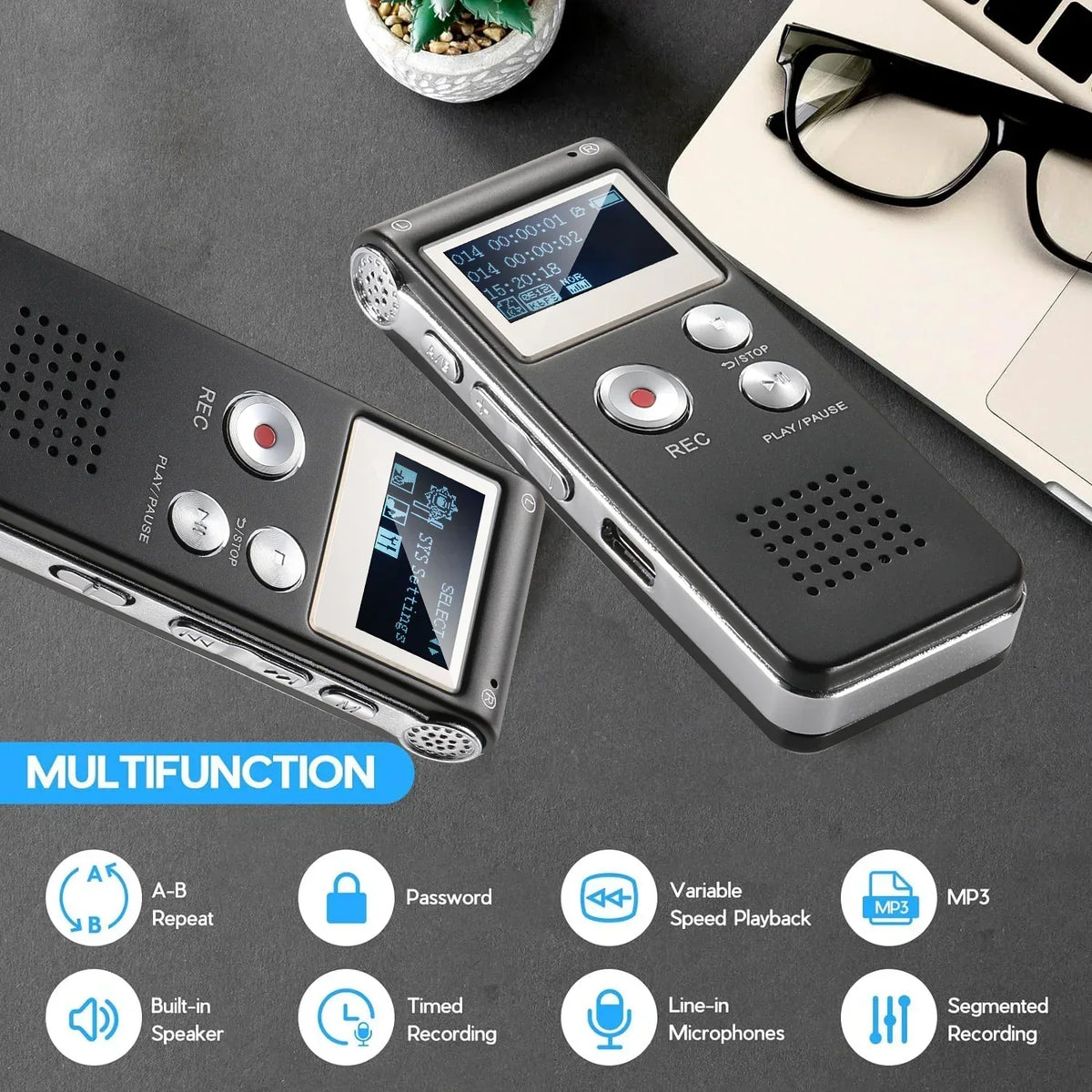 Digital Voice Recorder Voice-Activated Built-In Speaker & Headphone Playback