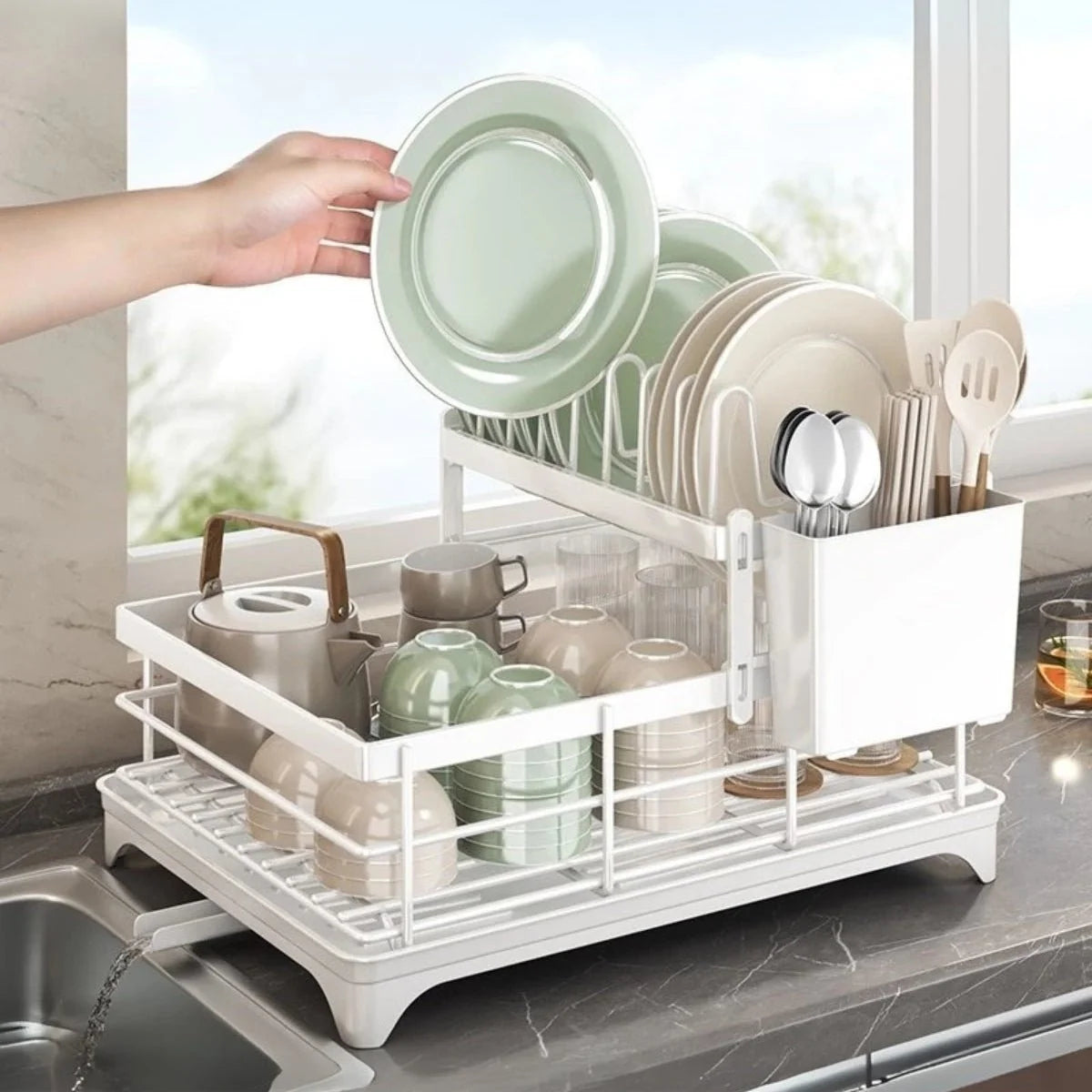 Dish Drainer Stainless Steel Space-Saving Rust-Resistant Separate Compartments
