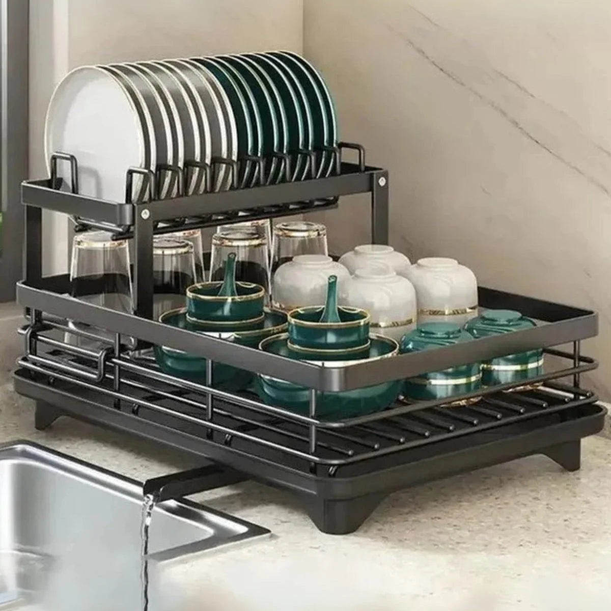 Dish Drainer Stainless Steel Space-Saving Rust-Resistant Separate Compartments
