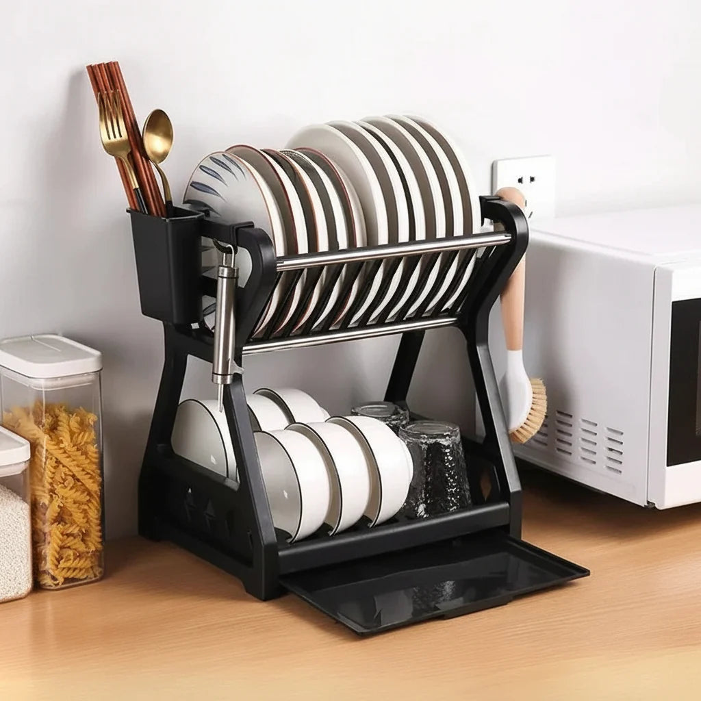 Dish Drainer Two-Tier Drip Tray & Cutlery Holder