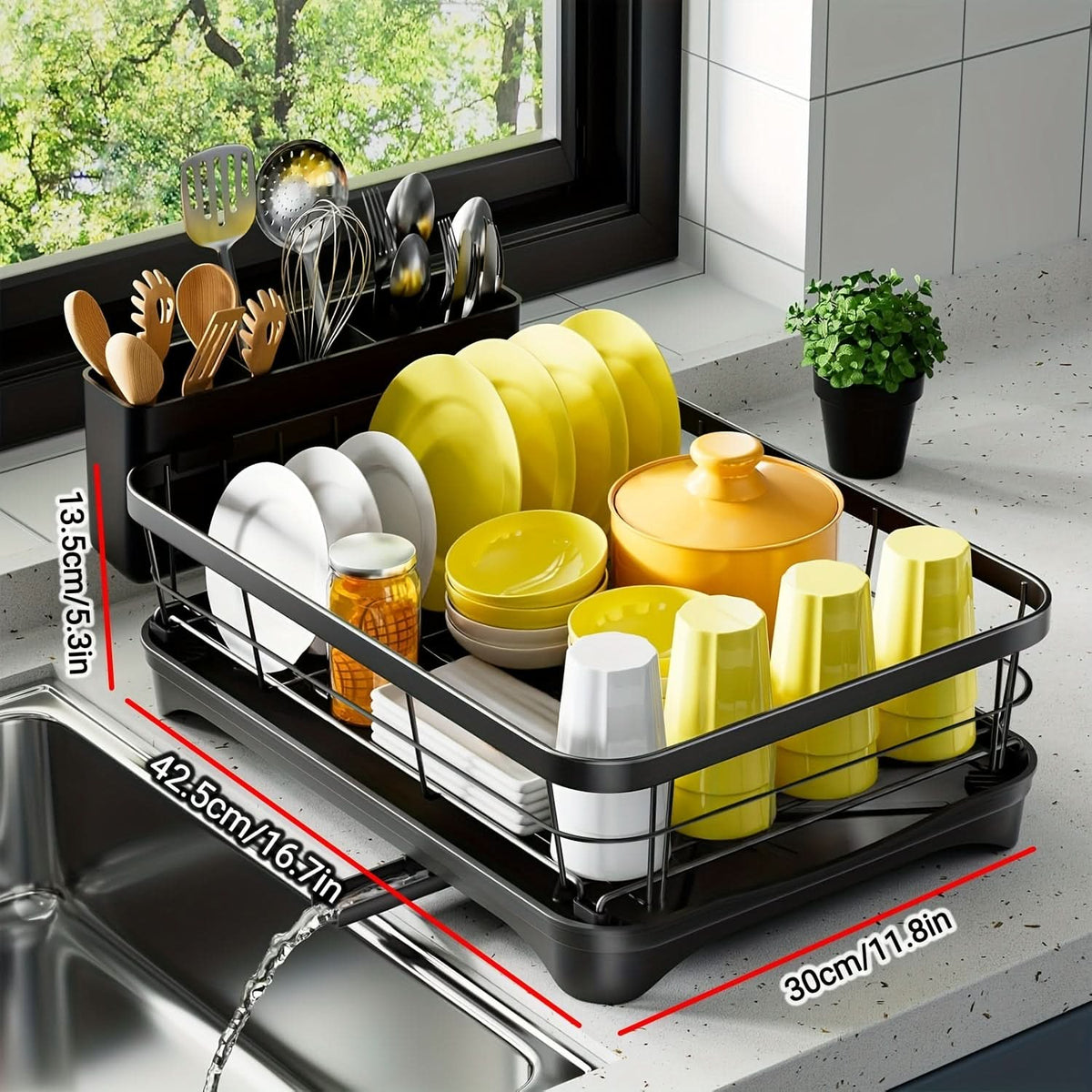 Dish Drying Rack Metal Frame Integrated Cutlery Holder Drainage Design