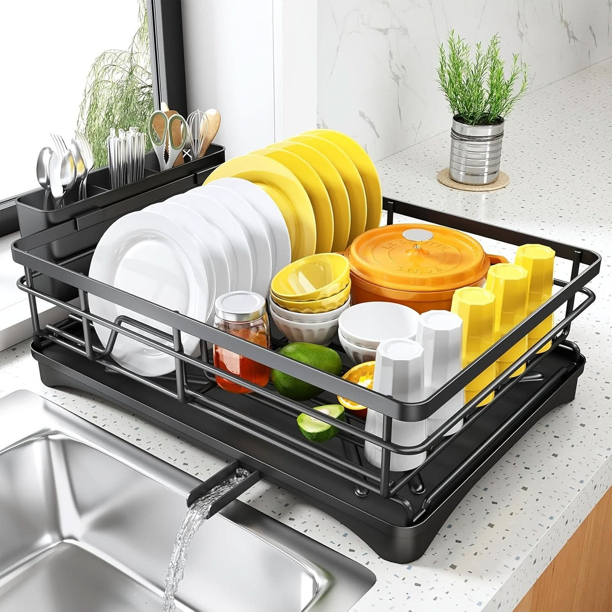 Dish Drying Rack Metal Frame Integrated Cutlery Holder Drainage Design