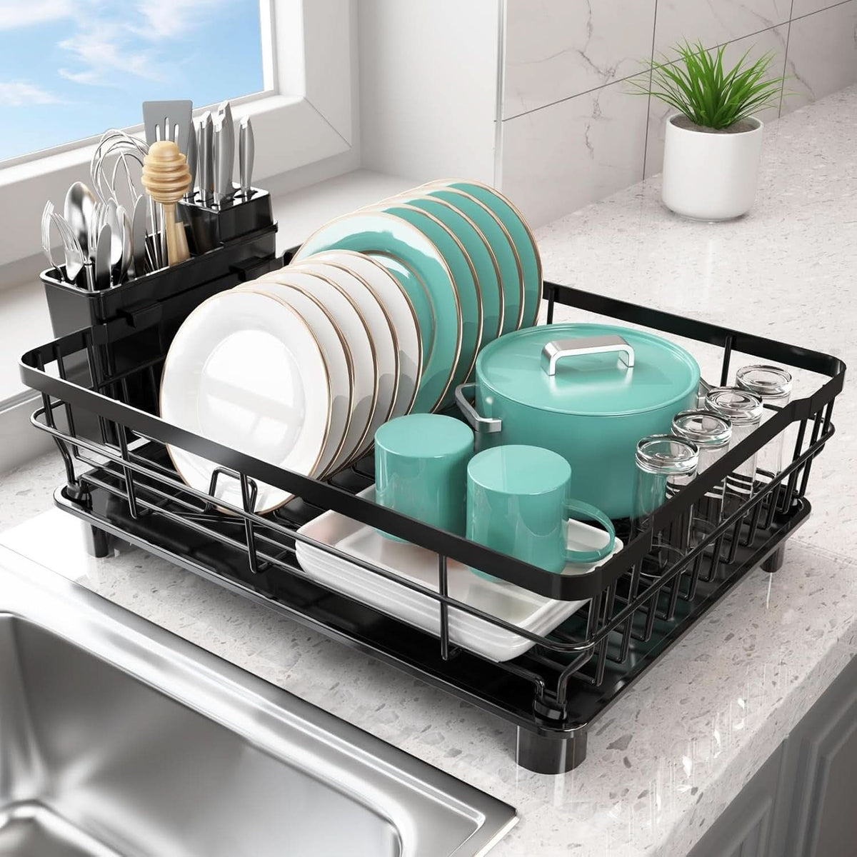 Dish Drying Rack Metal Frame Integrated Cutlery Holder Drainage Design