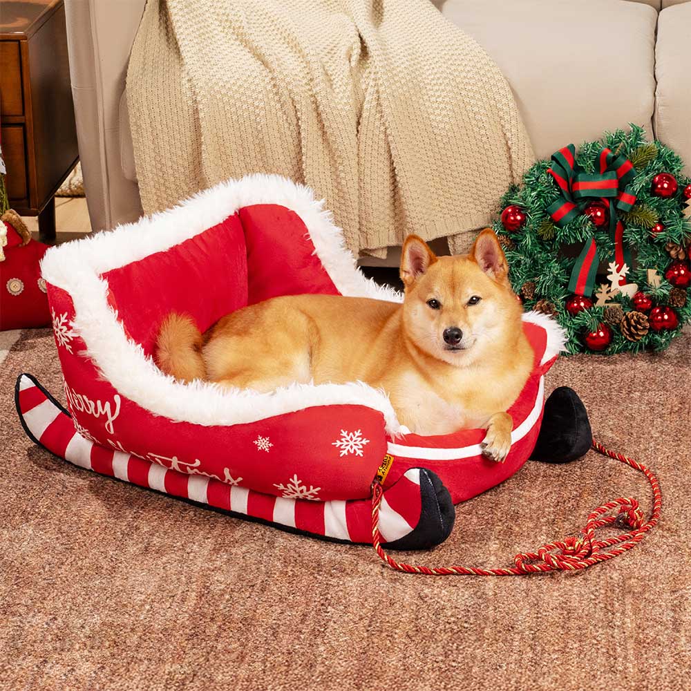 Dog Bed Christmas Sleigh Plush Velvet Non-Slip Bottom