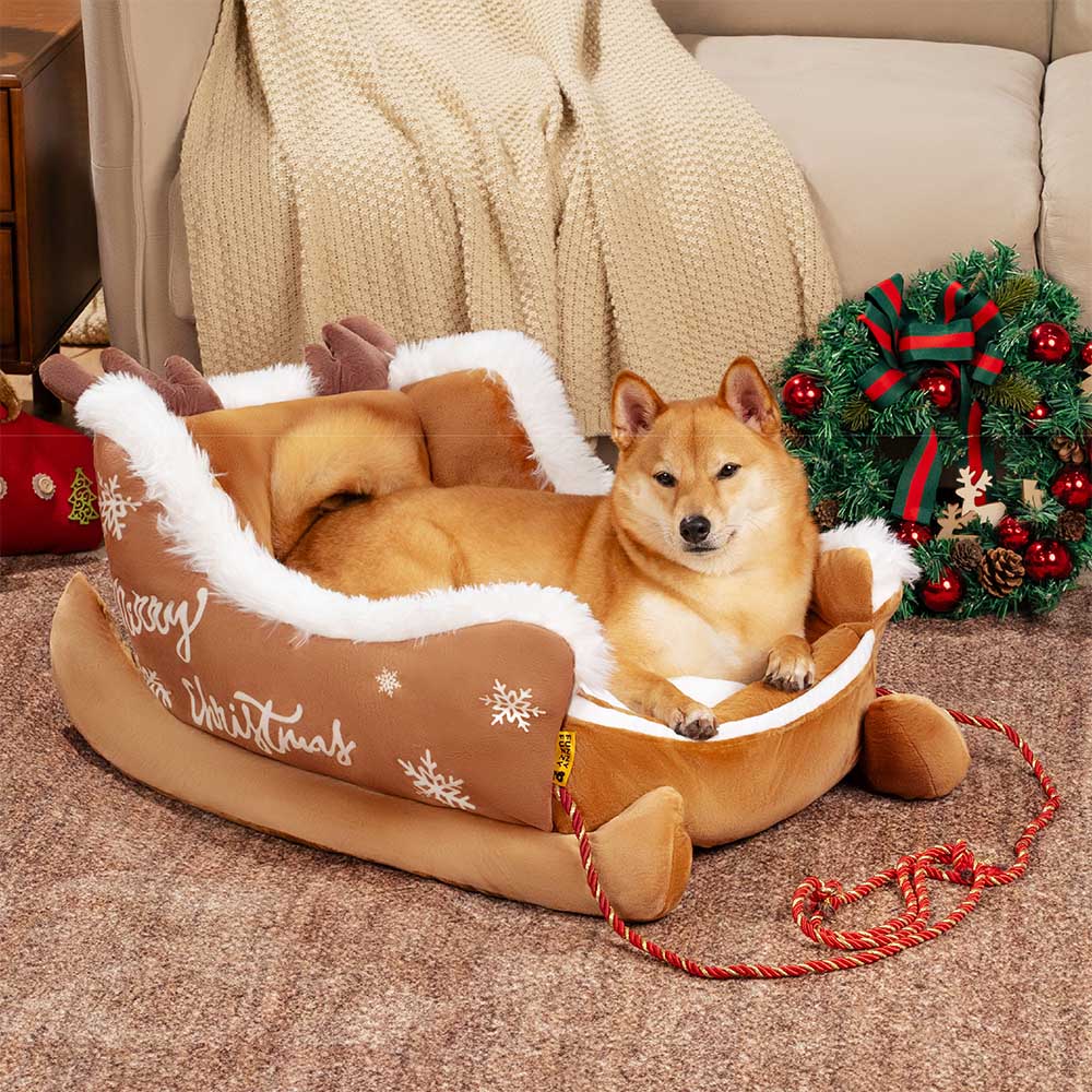Dog Bed Christmas Sleigh Plush Velvet Non-Slip Bottom