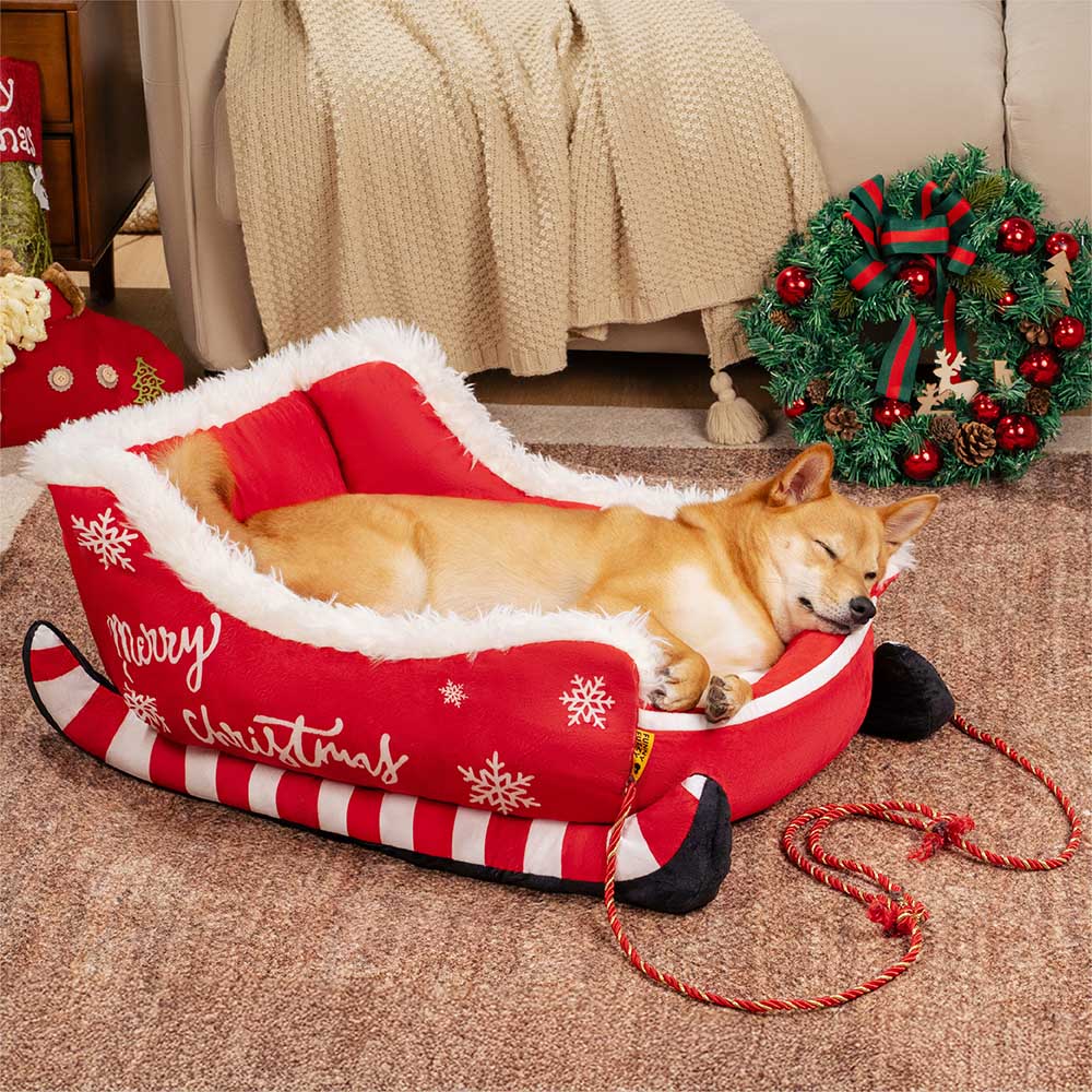 Dog Bed Christmas Sleigh Plush Velvet Non-Slip Bottom