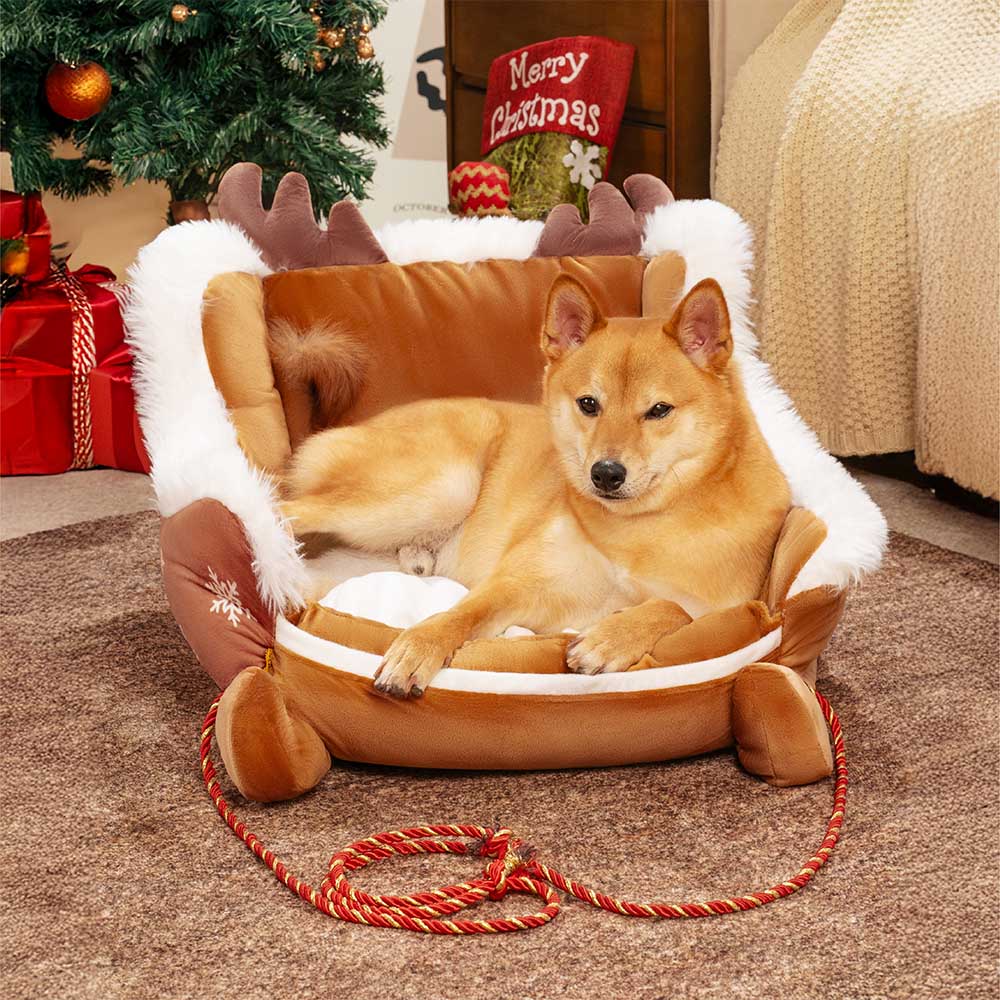 Dog Bed Christmas Sleigh Plush Velvet Non-Slip Bottom