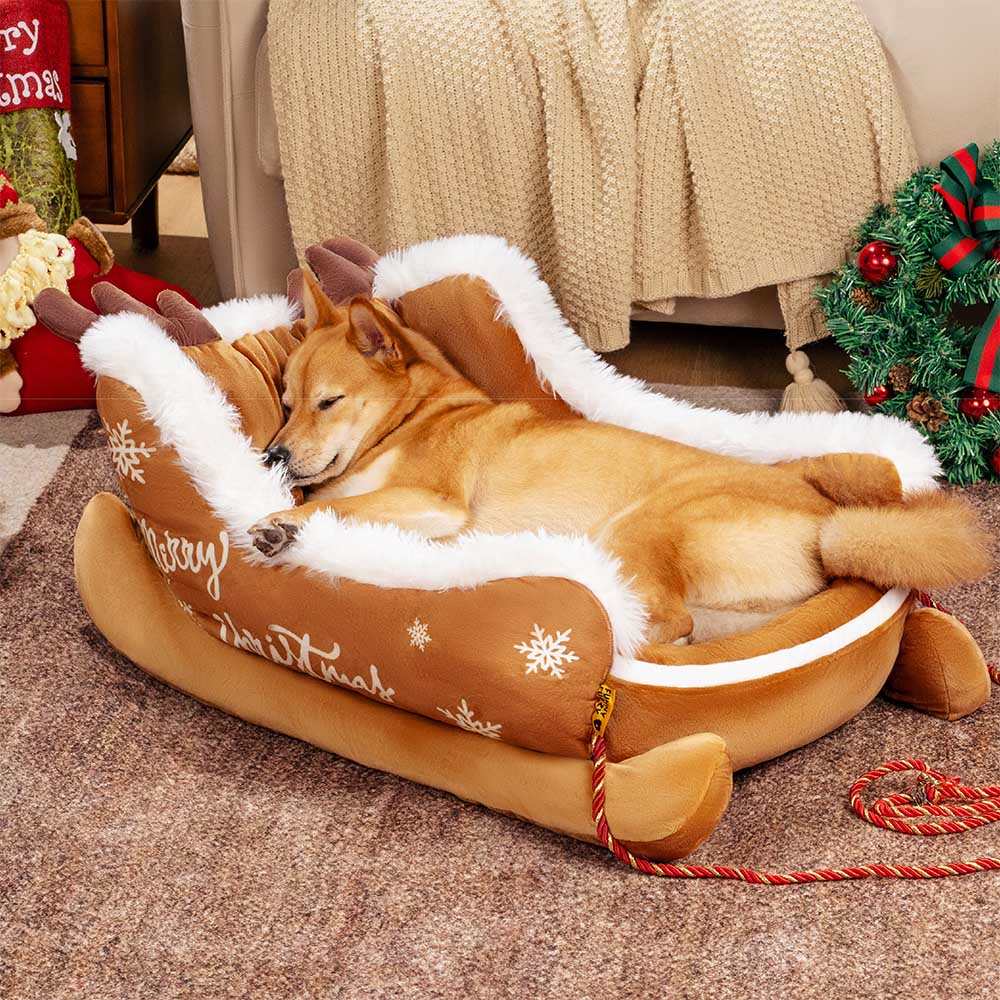 Dog Bed Christmas Sleigh Plush Velvet Non-Slip Bottom