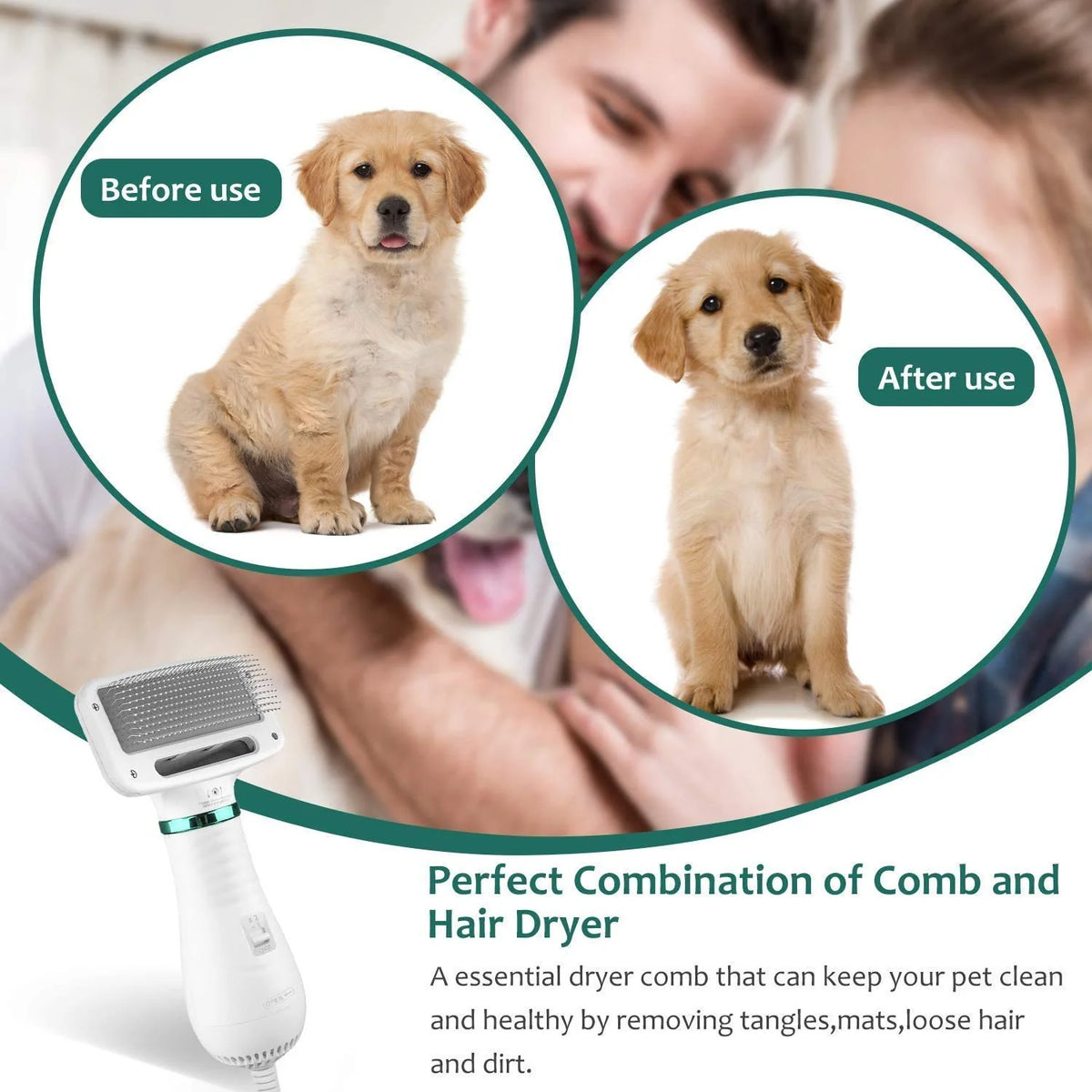 Dog Hair Dryer Brush 2-in-1 Quiet Drying & Detangling