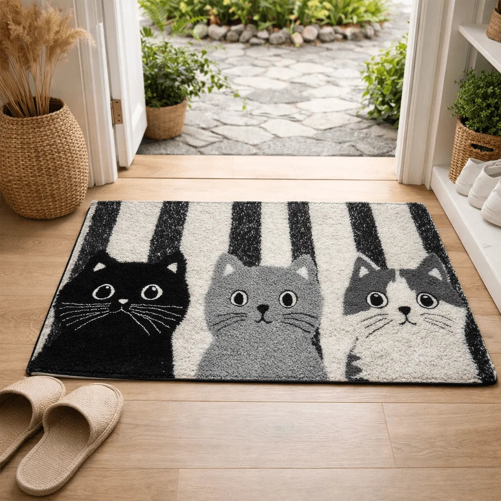 Doormat Striped Cartoon Cat Water-Resistant Surface