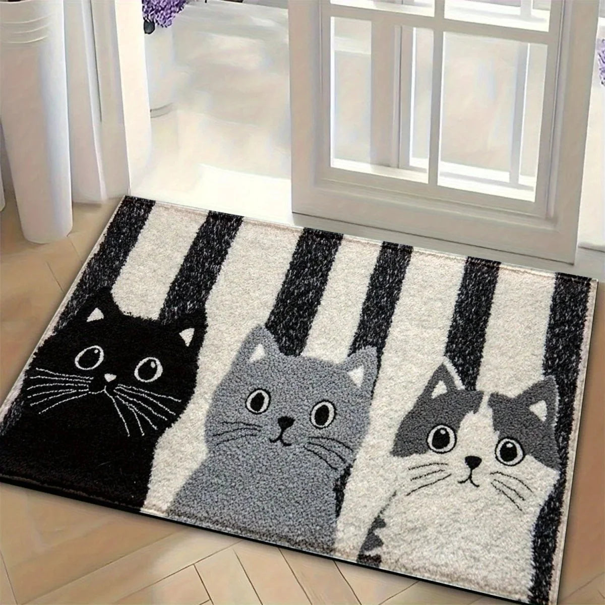 Doormat Striped Cartoon Cat Water-Resistant Surface