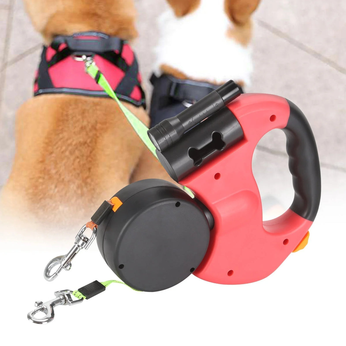 Dual Dog Leash Retractable 360° Swivel LED Light & Reflective Details