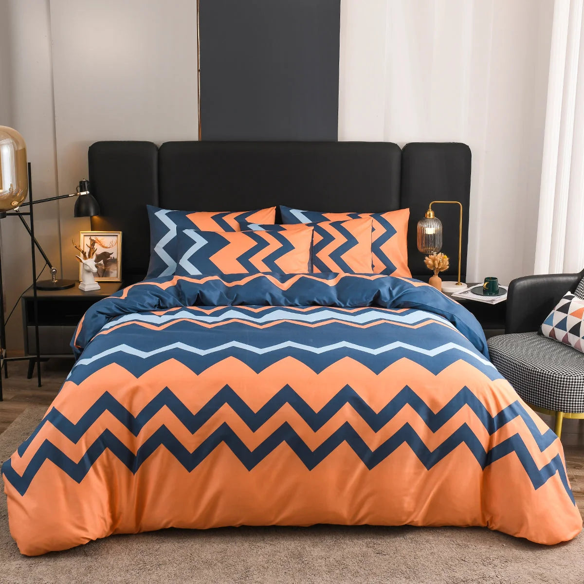 Duvet Cover Blue and Orange Zigzag Machine Washable