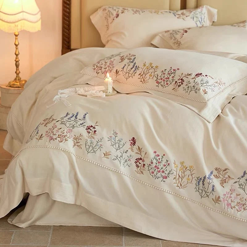 Duvet Cover Set Cotton Floral Embroidered 4-Piece