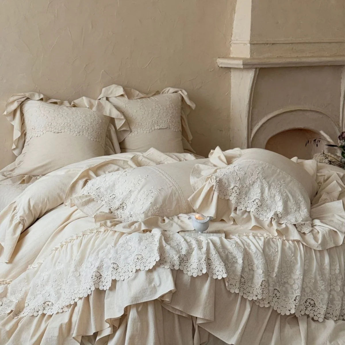 Duvet Cover Set Cotton-Linen Ruffles & Lace 4-Piece