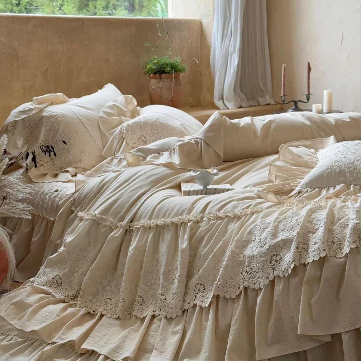 Duvet Cover Set Cotton-Linen Ruffles & Lace 4-Piece