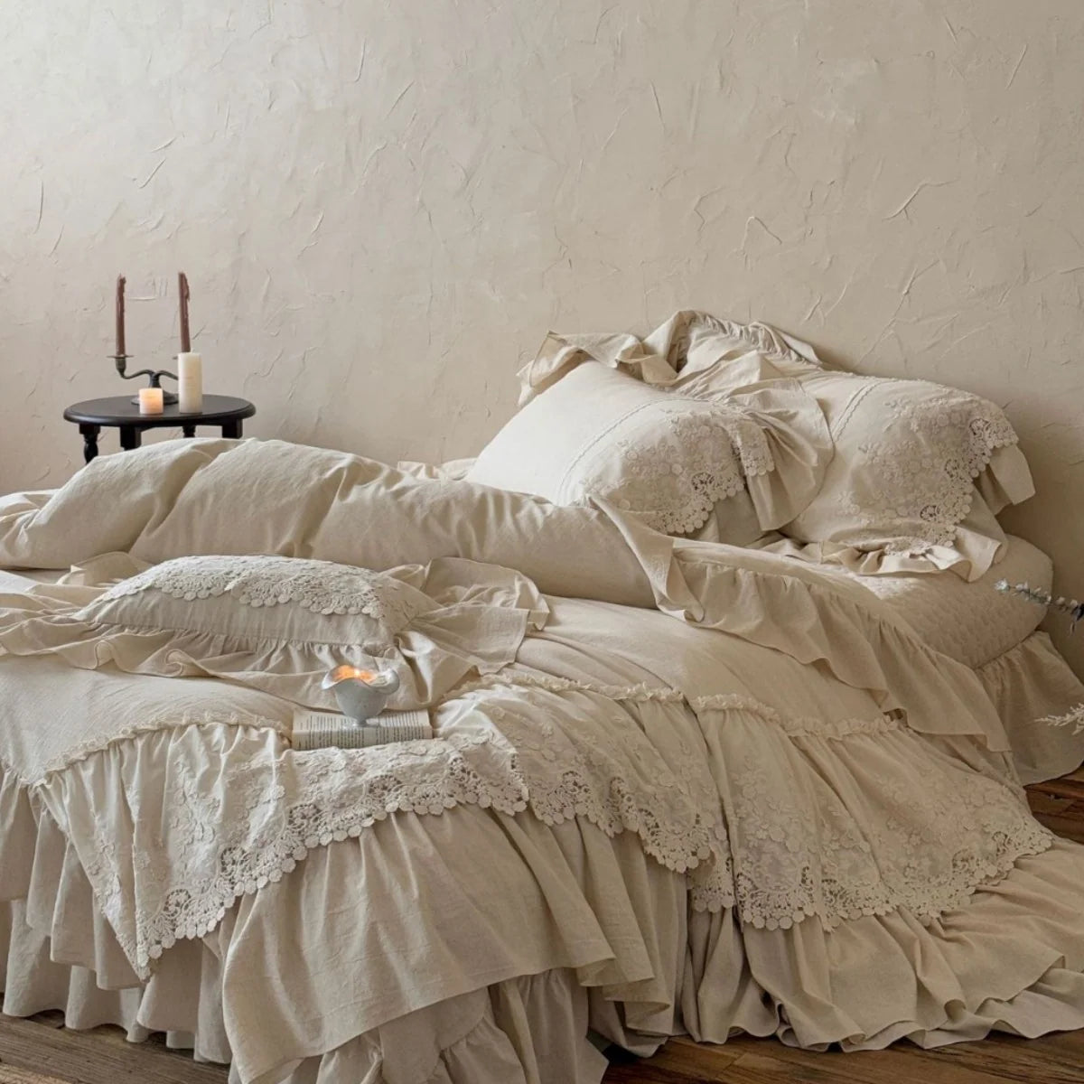 Duvet Cover Set Cotton-Linen Ruffles & Lace 4-Piece