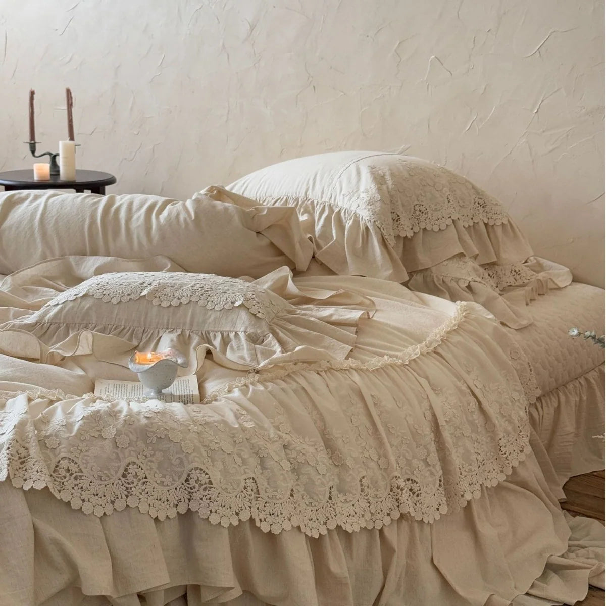 Duvet Cover Set Cotton-Linen Ruffles & Lace 4-Piece