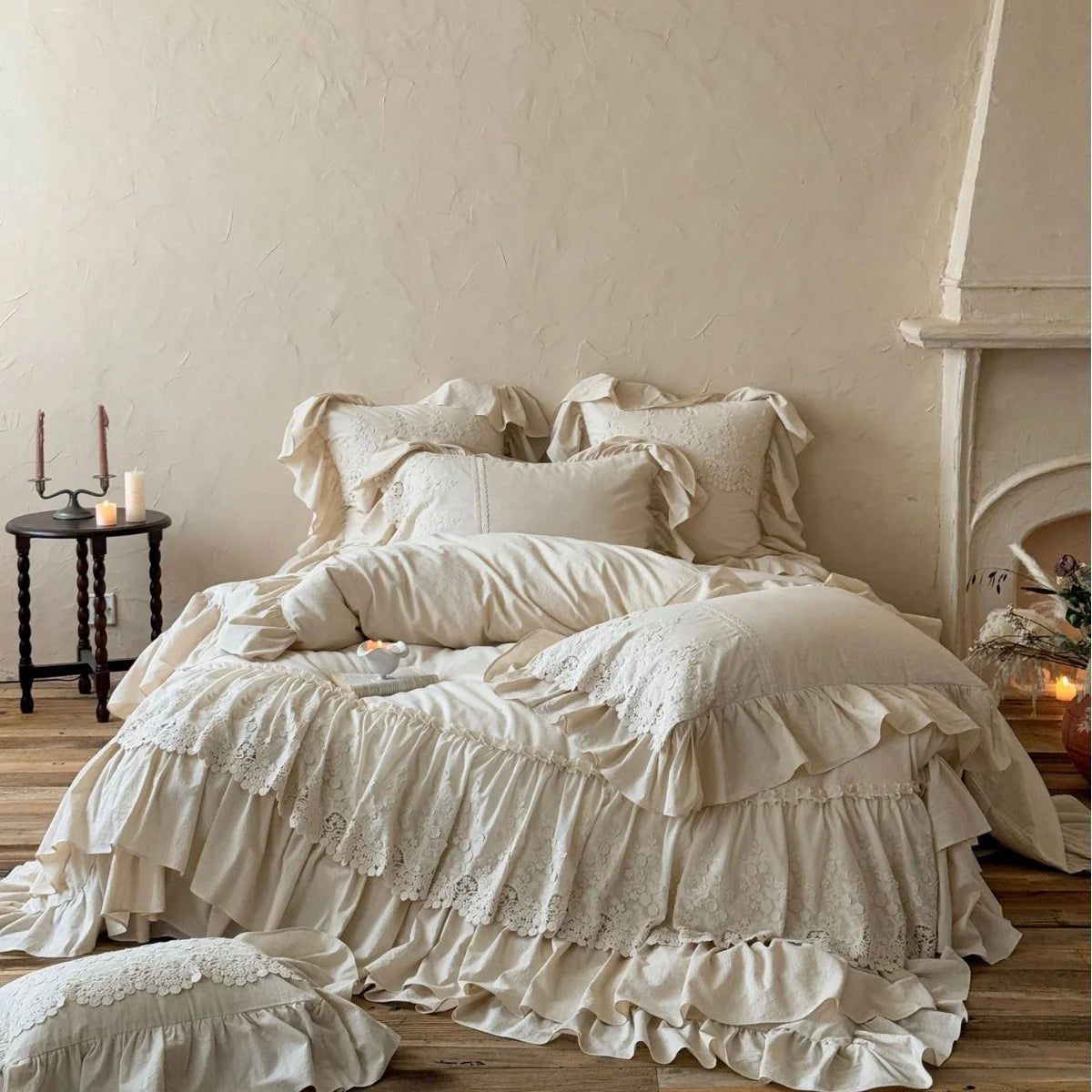 Duvet Cover Set Cotton-Linen Ruffles & Lace 4-Piece