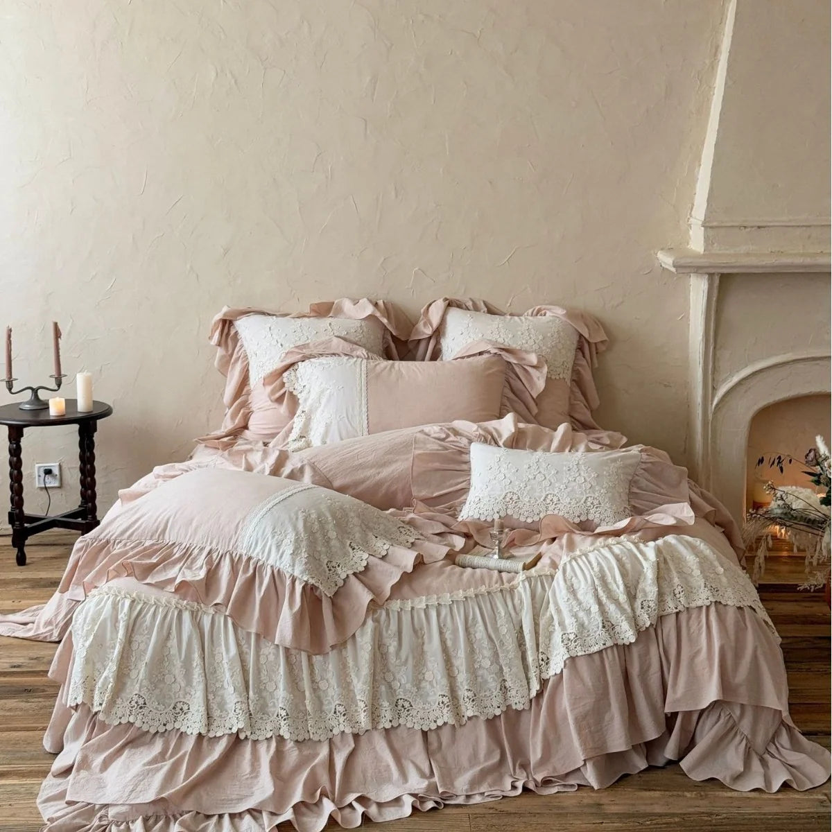 Duvet Cover Set Cotton-Linen Ruffles & Lace 4-Piece
