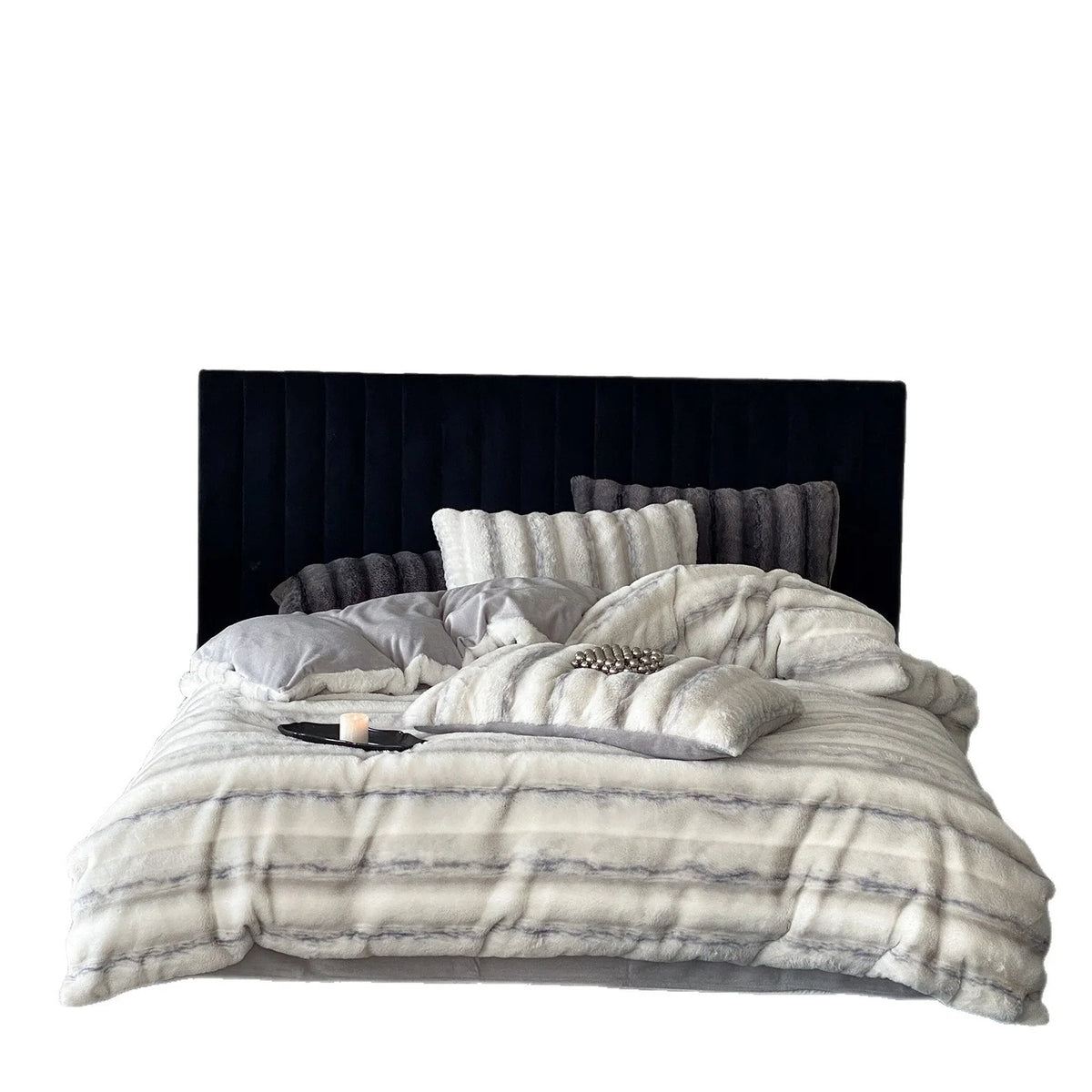 Duvet Cover Set High-Pile Faux Fur Striped 4-Piece