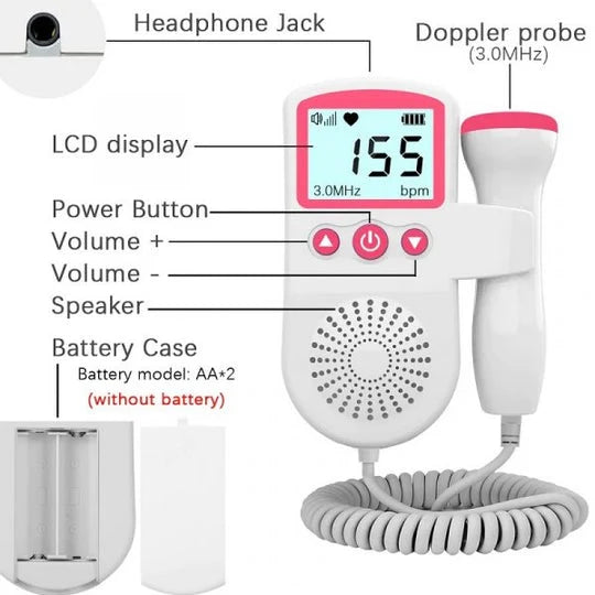 Fetal Doppler Monitor Ultrasound Sensor LCD Display Portable Battery-Powered