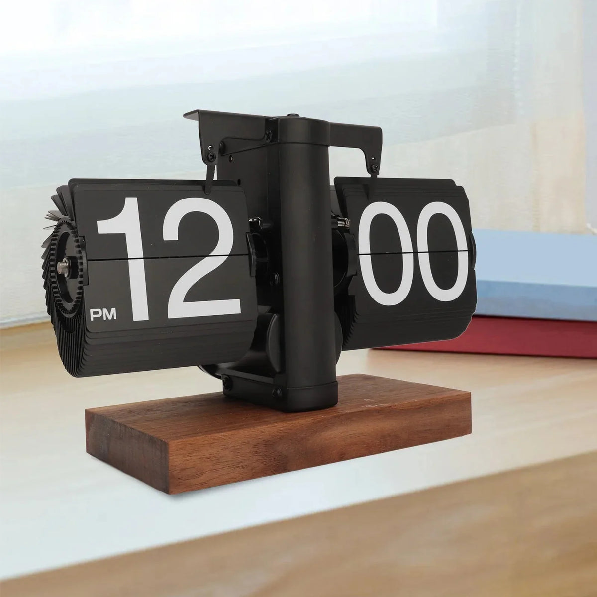 Flip Clock Black Walnut Frame Large Numbers Mechanical Display