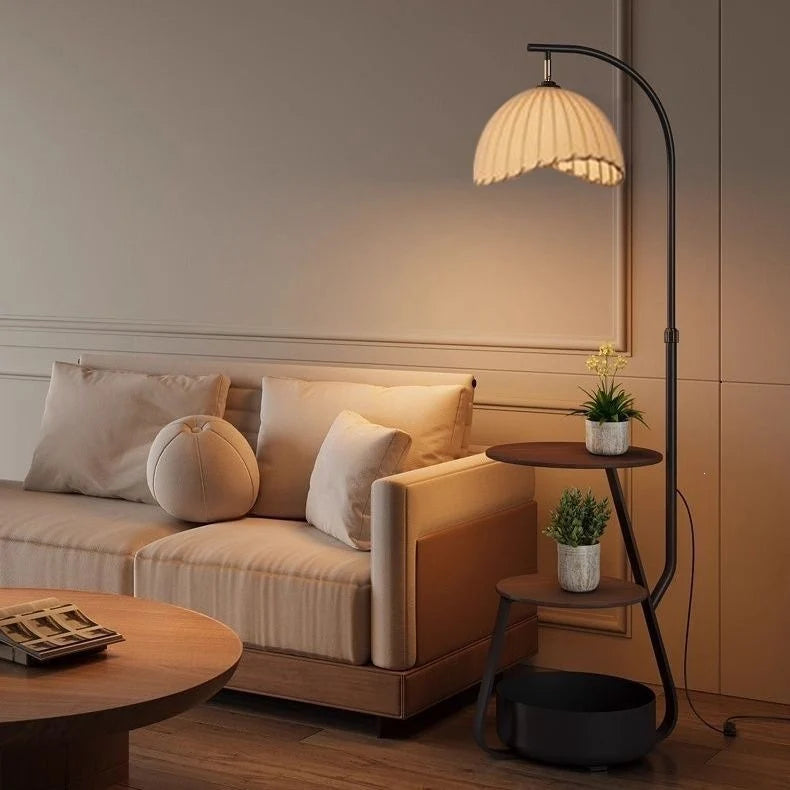 Floor Lamp Two-Tier Wooden Shelves LED Compatible