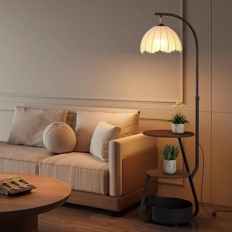 Floor Lamp Two-Tier Wooden Shelves LED Compatible
