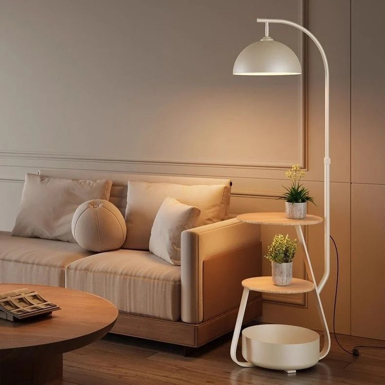 Floor Lamp Two-Tier Wooden Shelves LED Compatible