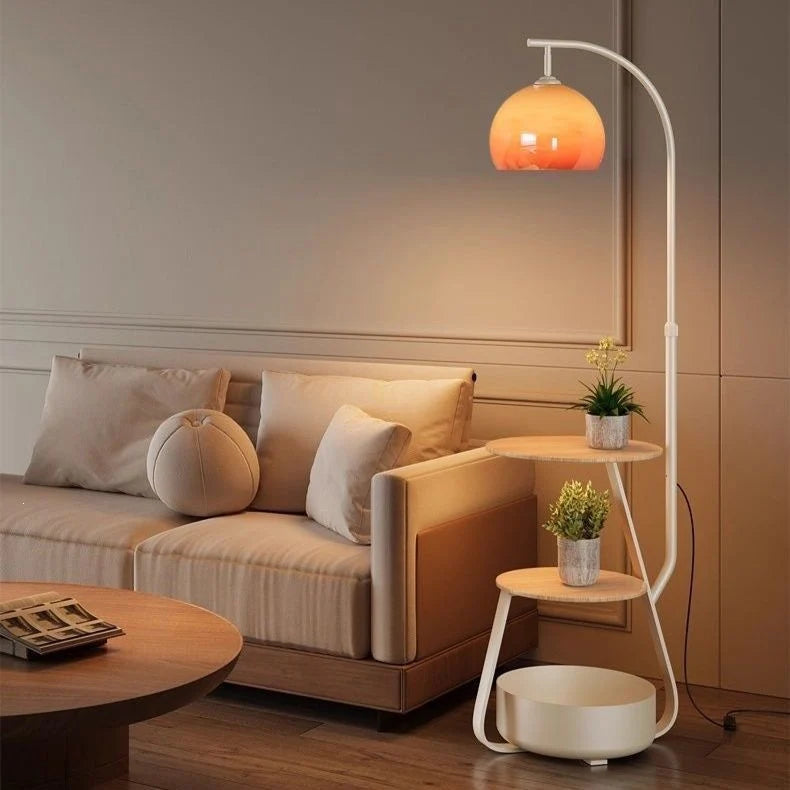 Floor Lamp Two-Tier Wooden Shelves LED Compatible