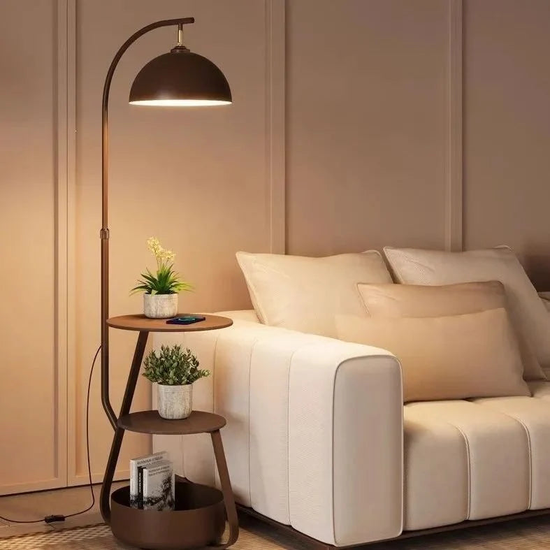Floor Lamp Two-Tier Wooden Shelves LED Compatible