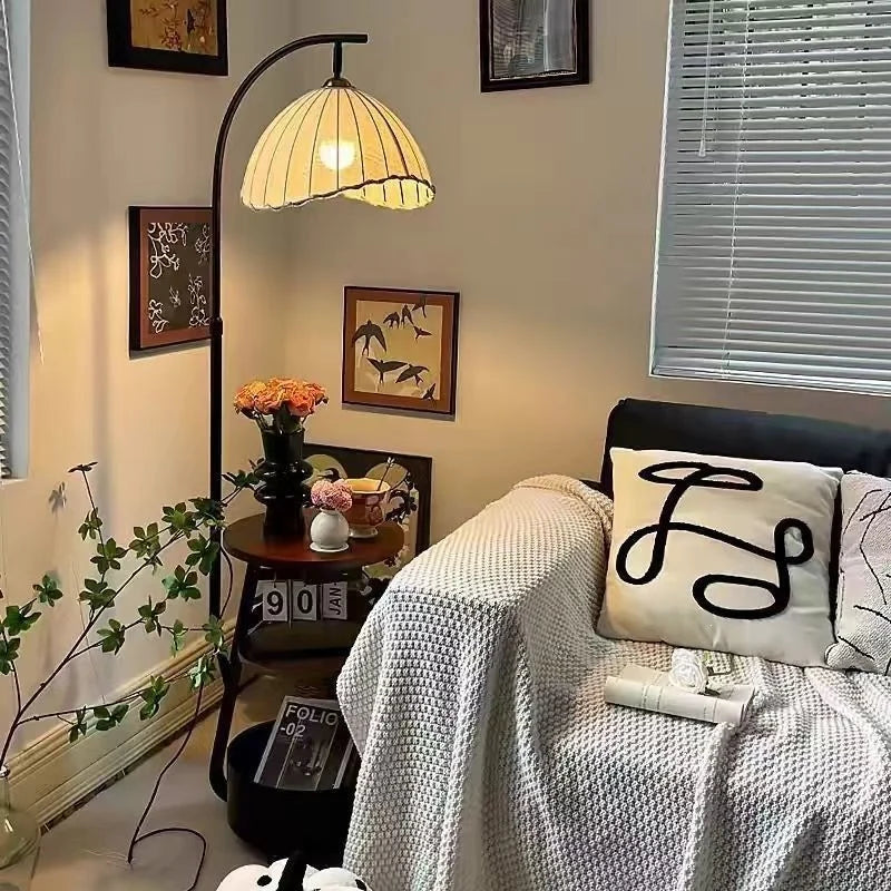 Floor Lamp Two-Tier Wooden Shelves LED Compatible