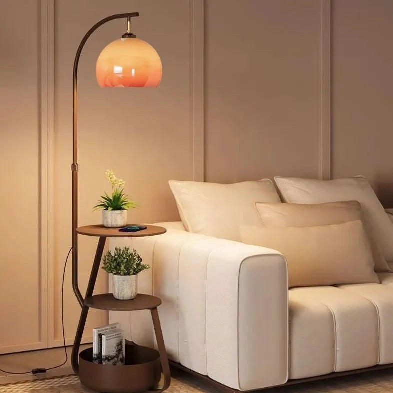 Floor Lamp Two-Tier Wooden Shelves LED Compatible