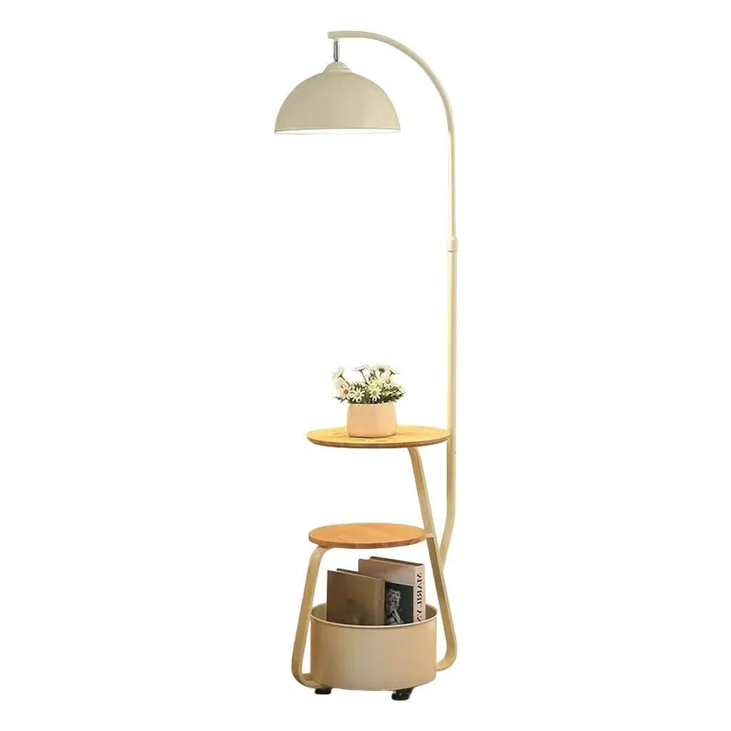 Floor Lamp Two-Tier Wooden Shelves LED Compatible