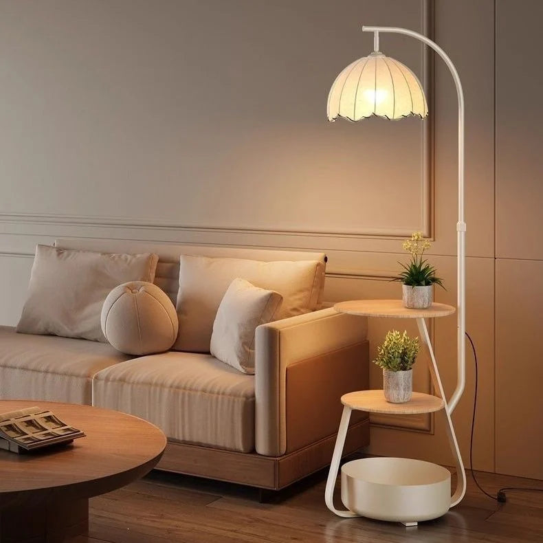 Floor Lamp Two-Tier Wooden Shelves LED Compatible