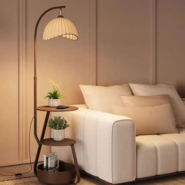 Floor Lamp Two-Tier Wooden Shelves LED Compatible