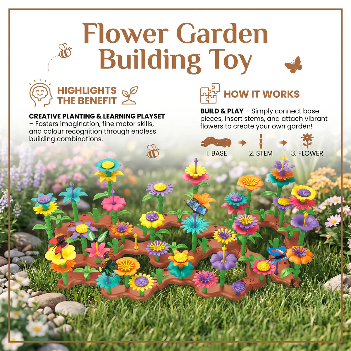 Flower Garden Pegging Toy Set Colorful Rebuildable Pieces