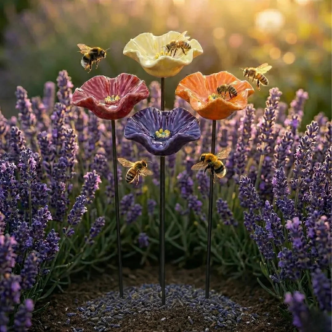 Garden Water Stakes Glazed Ceramic Flower Design