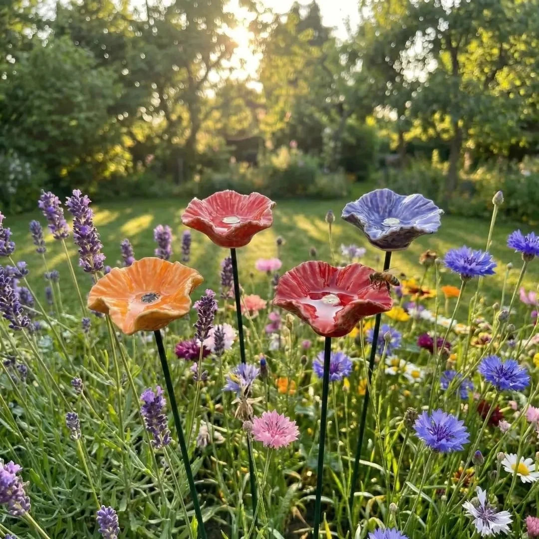 Garden Water Stakes Glazed Ceramic Flower Design