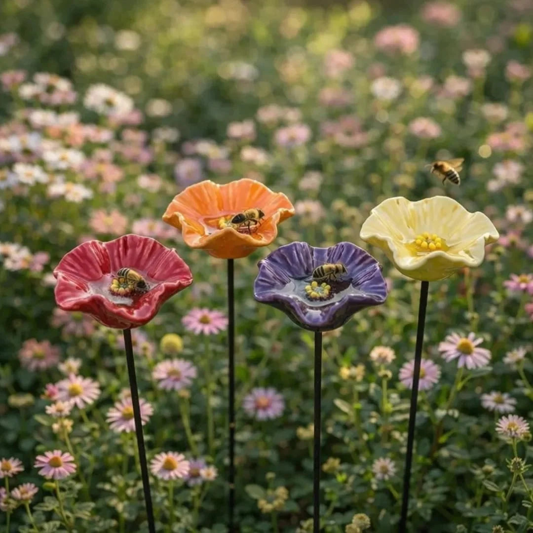 Garden Water Stakes Glazed Ceramic Flower Design