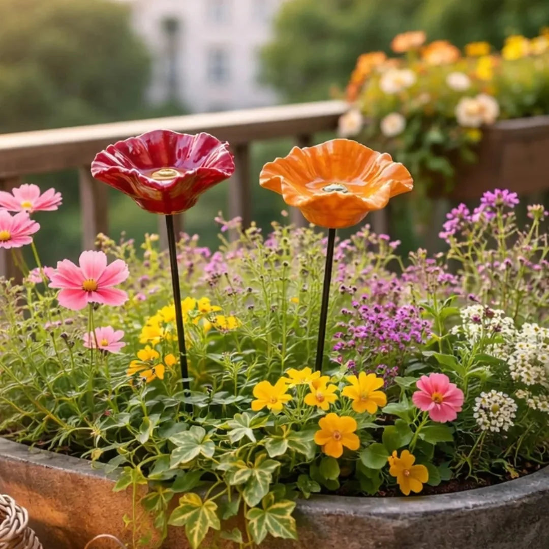 Garden Water Stakes Glazed Ceramic Flower Design