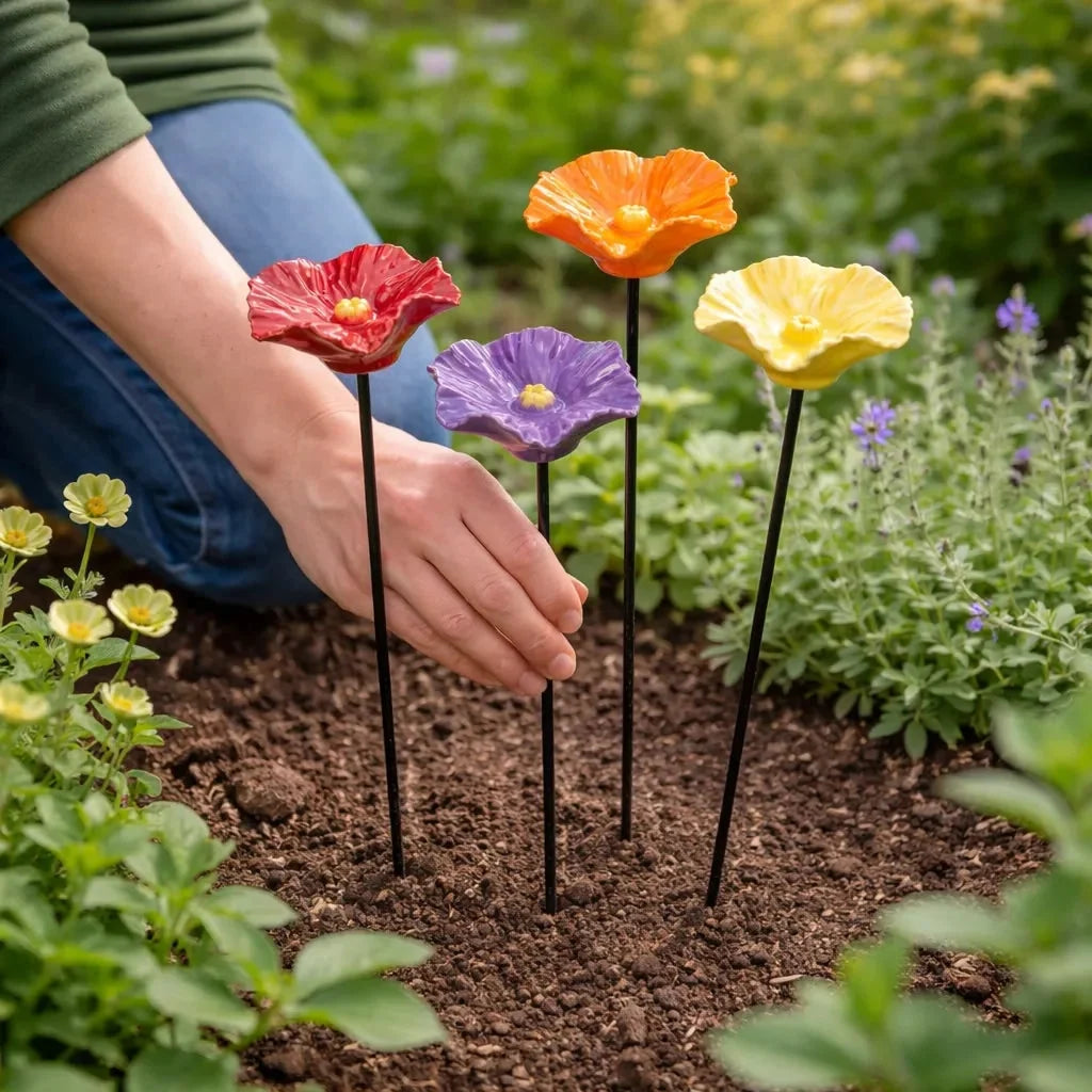 Garden Water Stakes Glazed Ceramic Flower Design