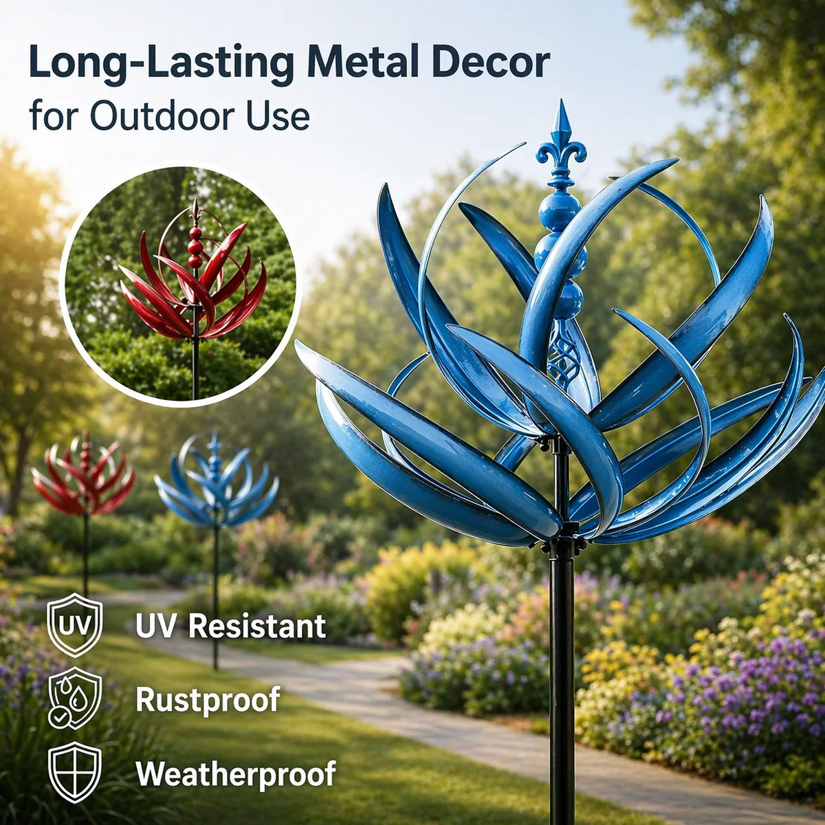 Garden Wind Spinner Metal Lotus Design 35.4 Inch