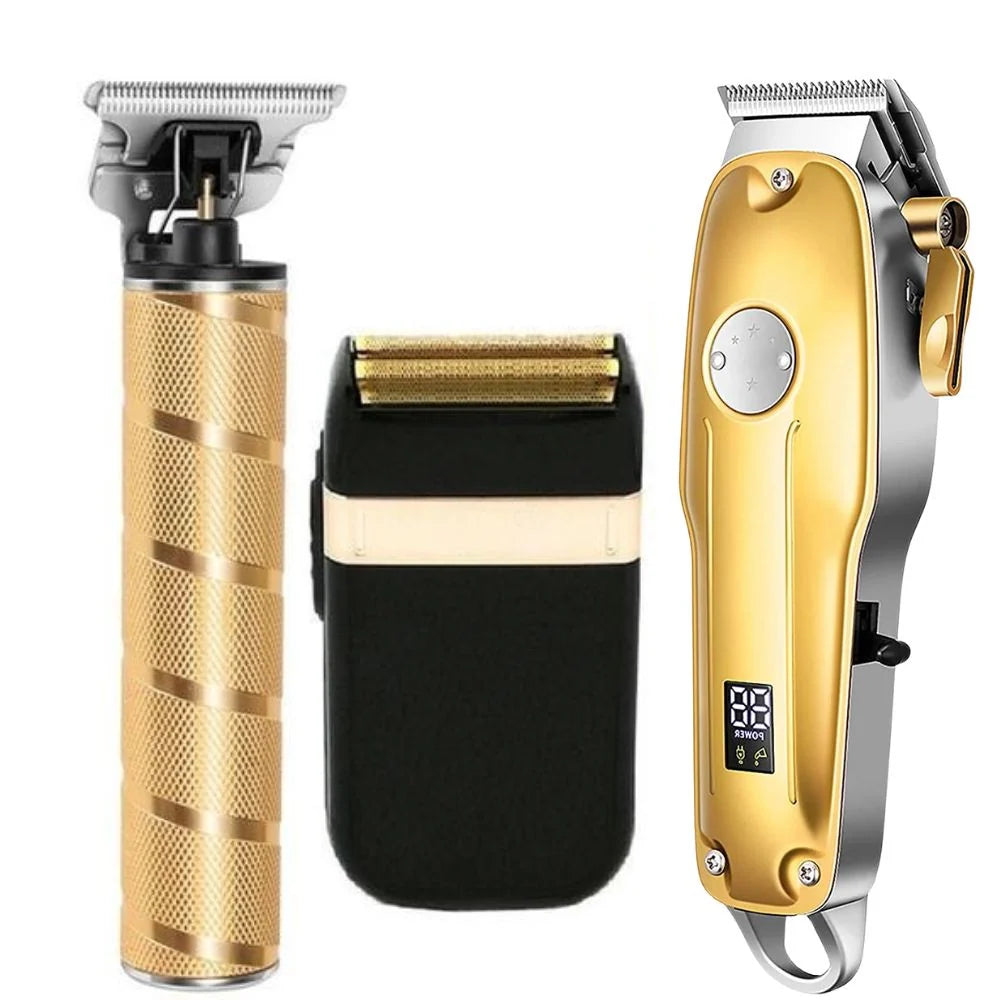 Hair Clipper Set Cordless Rechargeable Ceramic Stainless Steel Blades 3-Piece Grooming Kit